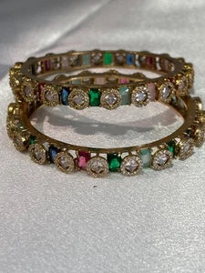 Multicolor CZ Gold Tone Bangle Set Size 2.10 Pakistani Indian Bridal Party Jewel