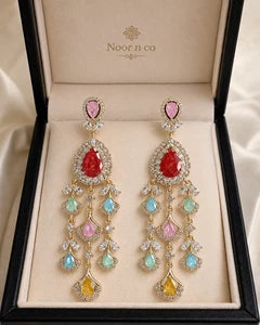 Multicolor CZ Gold Tone Chandelier Earrings Pakistani Indian Bridal Jewelry