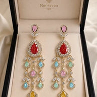 Multicolor CZ Gold Tone Chandelier Earrings Pakistani Indian Bridal Jewelry