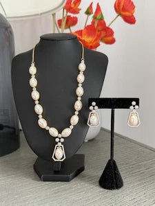 Elegant Pearl & Crystal Statement Jewelry Set | Gold Tone Necklace and Earrings