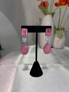 Pink CZ Silver Tone Drop Earrings Indian Pakistani Statement Jewelry