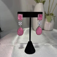 Pink CZ Silver Tone Drop Earrings Indian Pakistani Statement Jewelry
