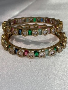 Multicolor CZ Gold Tone Bangle Set Size 2.10 Pakistani Indian Bridal Party Jewel