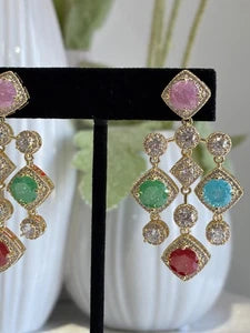 Multicolor CZ Gold Tone Chandelier Earrings Pakistani Indian Statement Jewelry
