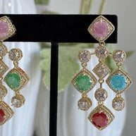 Multicolor CZ Gold Tone Chandelier Earrings Pakistani Indian Statement Jewelry