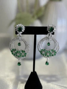 Emerald Green CZ Chandbali Earrings Silver Tone Pakistani Jewelry