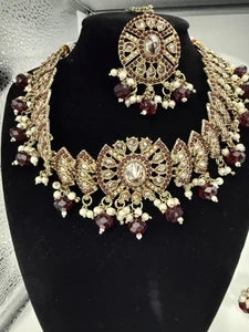 Maroon & Gold Traditional Jewelry Set with Matching Earrings
