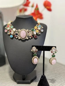 Sabyasachi Inspired Necklace Earrings Set | Pink Stone Multicolor Gem Bridal Jew