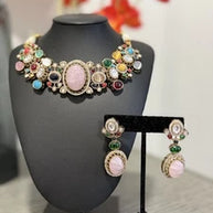 Sabyasachi Inspired Necklace Earrings Set | Pink Stone Multicolor Gem Bridal Jew
