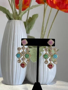 Multicolor CZ Gold Tone Chandelier Earrings Pakistani Indian Statement Jewelry