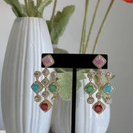 Multicolor CZ Gold Tone Chandelier Earrings Pakistani Indian Statement Jewelry