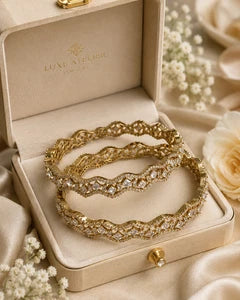 Gold Tone American Diamond Bangles Set Size 2.10 Elegant Wavy Crystal Design