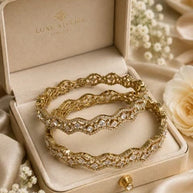 Gold Tone American Diamond Bangles Set Size 2.10 Elegant Wavy Crystal Design