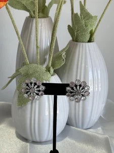 Blush Pink CZ Floral Stud Earrings Silver Tone Party Jewelry
