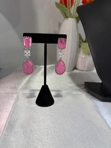 Pink CZ Silver Tone Drop Earrings Indian Pakistani Statement Jewelry