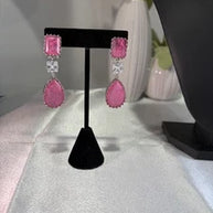Pink CZ Silver Tone Drop Earrings Indian Pakistani Statement Jewelry