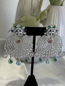 Multicolor CZ Chandbali Earrings Silver Tone Pakistani Indian Jewelry