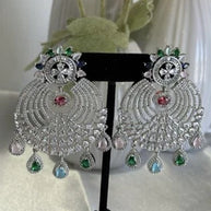 Multicolor CZ Chandbali Earrings Silver Tone Pakistani Indian Jewelry