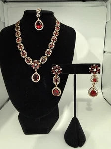 Elegant Ruby Red Jewelry Set with Matching Earrings & Tikka