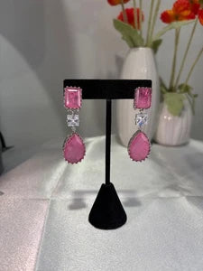 Pink CZ Silver Tone Drop Earrings Indian Pakistani Statement Jewelry