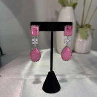 Pink CZ Silver Tone Drop Earrings Indian Pakistani Statement Jewelry