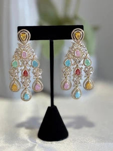 Multicolor CZ Gold Tone Chandelier Earrings Pakistani Indian Bridal Jewelry