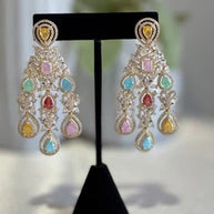 Multicolor CZ Gold Tone Chandelier Earrings Pakistani Indian Bridal Jewelry