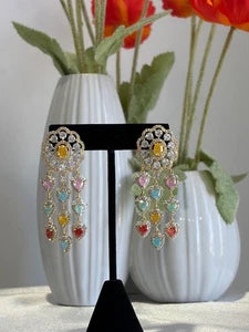 Multicolor Heart CZ Gold Tone Chandelier Earrings Pakistani Indian Jewelry