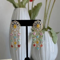 Multicolor Heart CZ Gold Tone Chandelier Earrings Pakistani Indian Jewelry
