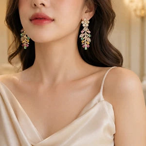 Hazoori Luxury Floral Crystal Statement Earrings | Multicolor Gemstone Earrings