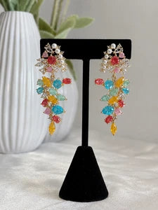 Multicolor Pearl CZ Gold Tone Drop Earrings Pakistani Indian Statement Jewelry