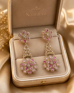 Pink Floral CZ Gold Tone Chandelier Earrings Pakistani Indian Bridal Jewelry