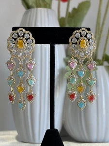 Multicolor Heart CZ Gold Tone Chandelier Earrings Pakistani Indian Jewelry