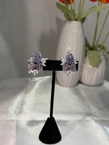 Lavender Pink Leaf CZ Stud Earrings Silver Tone Floral Statement Jewelry