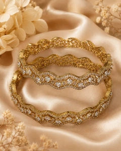 Gold Tone American Diamond Bangles Set Size 2.10 Elegant Wavy Crystal Design