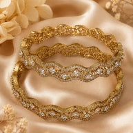 Gold Tone American Diamond Bangles Set Size 2.10 Elegant Wavy Crystal Design