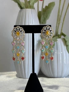 Multicolor Heart CZ Gold Tone Chandelier Earrings Pakistani Indian Jewelry