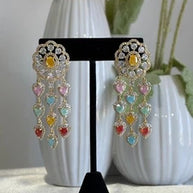 Multicolor Heart CZ Gold Tone Chandelier Earrings Pakistani Indian Jewelry