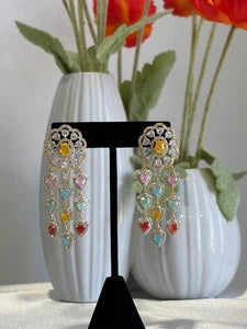 Multicolor Heart CZ Gold Tone Chandelier Earrings Pakistani Indian Jewelry