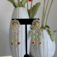Multicolor Heart CZ Gold Tone Chandelier Earrings Pakistani Indian Jewelry