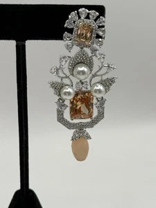 Champagne Crystal Pearl Statement Earrings – Luxury Bridal Drop Earrings