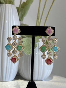 Multicolor CZ Gold Tone Chandelier Earrings Pakistani Indian Statement Jewelry