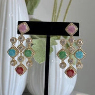 Multicolor CZ Gold Tone Chandelier Earrings Pakistani Indian Statement Jewelry