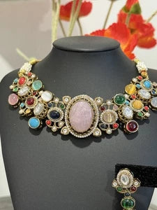 Sabyasachi Inspired Necklace Earrings Set | Pink Stone Multicolor Gem Bridal Jew