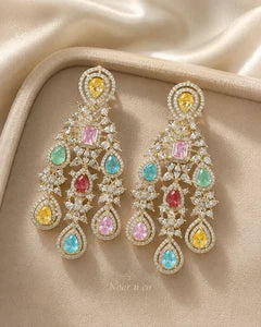 Multicolor CZ Gold Tone Chandelier Earrings Pakistani Indian Bridal Jewelry