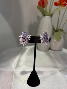 Lavender Pink Leaf CZ Stud Earrings Silver Tone Floral Statement Jewelry