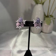 Lavender Pink Leaf CZ Stud Earrings Silver Tone Floral Statement Jewelry