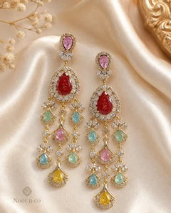 Multicolor CZ Gold Tone Chandelier Earrings Pakistani Indian Bridal Jewelry