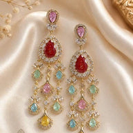Multicolor CZ Gold Tone Chandelier Earrings Pakistani Indian Bridal Jewelry