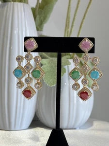 Multicolor CZ Gold Tone Chandelier Earrings Pakistani Indian Statement Jewelry